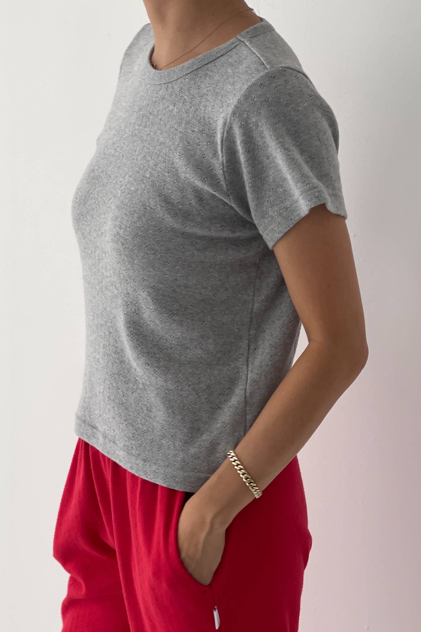 Pointelle Babe Tee Heather Grey