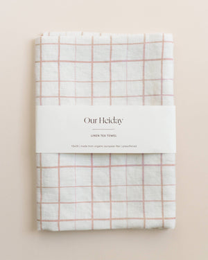 Loose Grid Pink Sand Linen Tea Towel