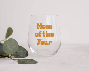 Pink Mom Of the Year Printed Stemless Wine Glass