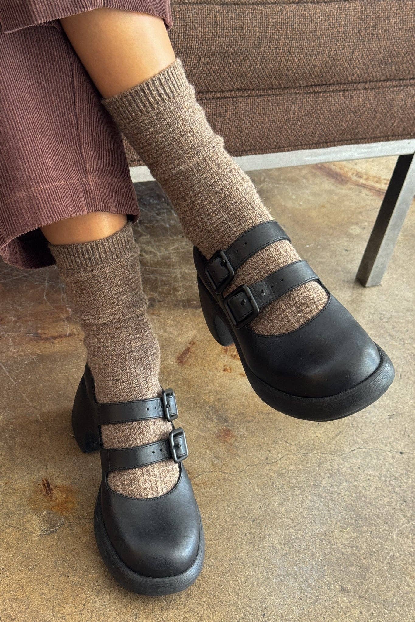 Wool Waffled Socks Brown/Oatmeal