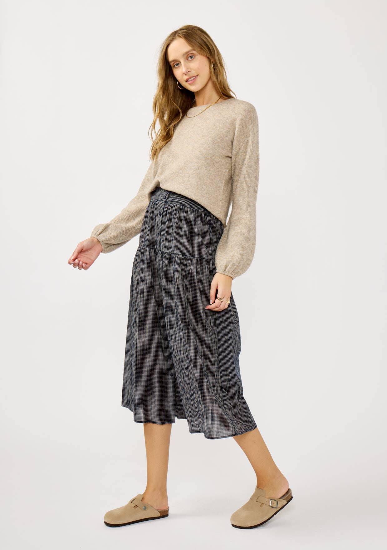 Checkered Gauze Button Down Skirt