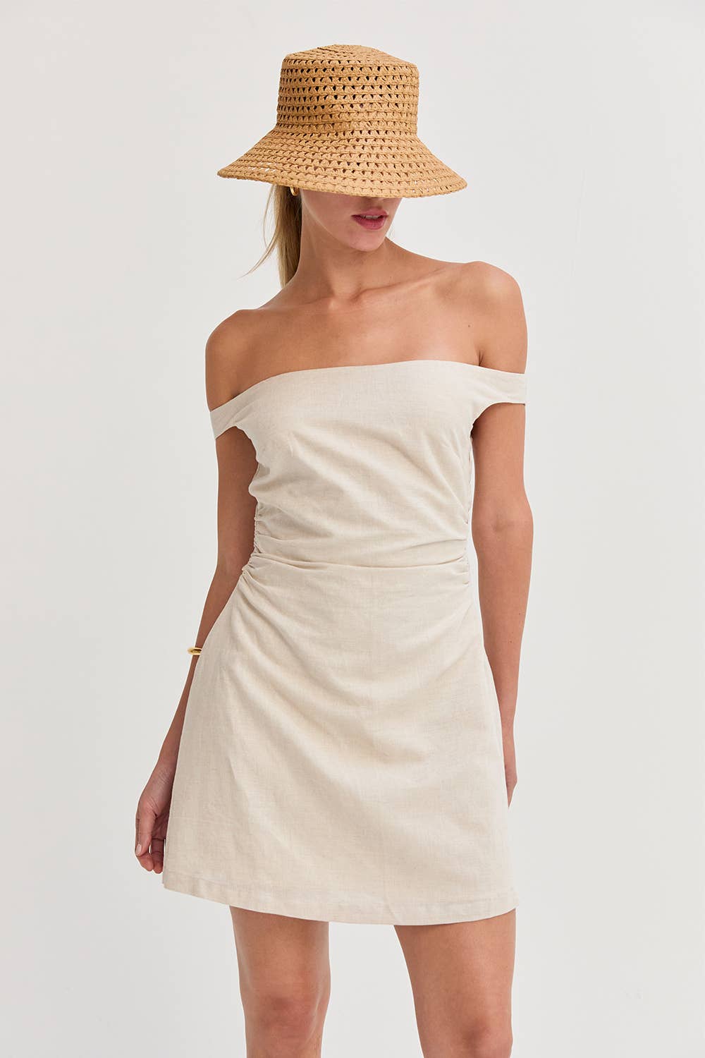Talia Off Shoulder Side Ruched Linen Mini Dress
