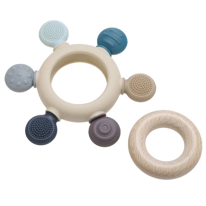 Silicone/ Wood Teether- Blue