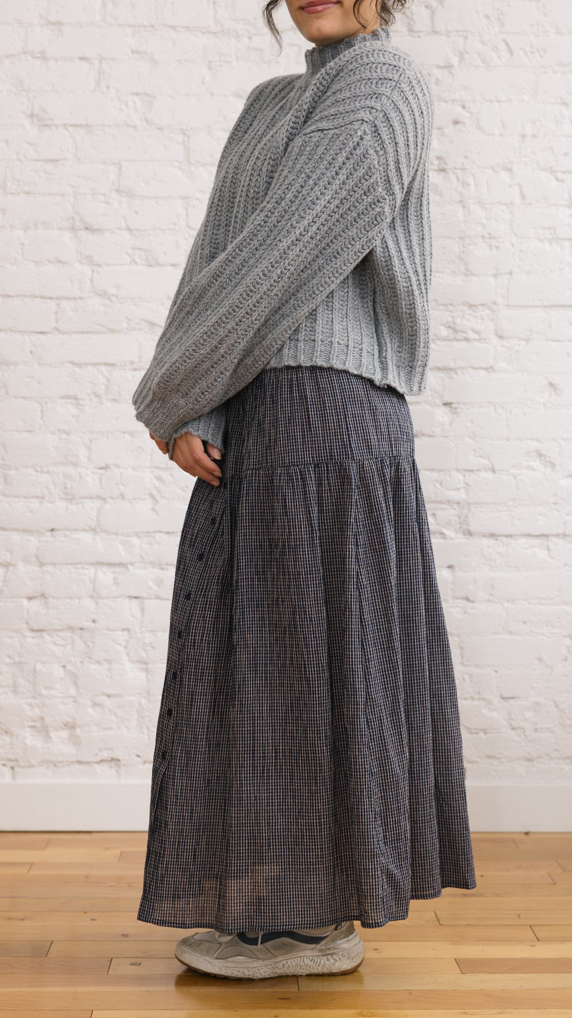 Checkered Gauze Button Down Skirt