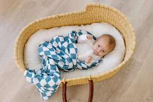 Organic Muslin Swaddle Blanket - Blue Checker